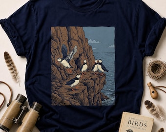 Woodcut Puffin T-Shirt, Coastal Bird Lover Gift, Nature Wildlife Art Graphic Tee for Her Him, Unique Illustrated Sea Bird Shirt