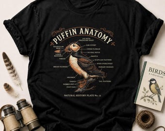 Puffin Anatomy Vintage T-Shirt | Natural History Bird Illustration Tee | Ornithology Gift | Academic Science Teacher Shirt