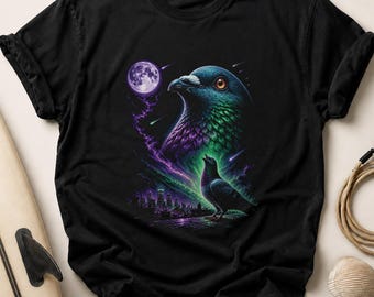 Cosmic Pigeon T-Shirt, Surreal Bird Celestial Cityscape Graphic Tee