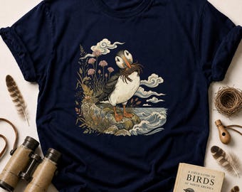 Whimsical Puffin T-Shirt, Coastal Bird & Crab Nature Lover Tee, Cottagecore Folk Art Graphic Shirt, Unique Marine Life Gift