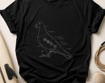 Mechanical Pigeon Blueprint T-Shirt, Steampunk Bird Engineering Diagram Tee, Robot Bird Conspiracy Graphic Shirt, Unique Science Gift