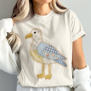Camiseta acolchada con estampado de gaviota, camiseta estilo cottagecore con pájaros y patchwork, estilo granja.