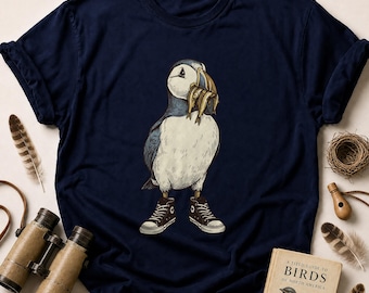 Puffin T-Shirt Wearing Sneakers and Holding Fish | Quirky Sea Bird Ocean Life Graphic Tee | Cool Animal Lover Gift