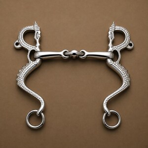 May include: A silver-coloured metal horse bit featuring a jointed mouthpiece and two long, curved shanks. The shanks are decorated with a textured, scale-like pattern and terminate in circular rings at the bottom, with additional attachment points.