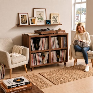 Soporte de madera maciza para tocadiscos, mueble para guardar discos de vinilo, consola multimedia para tocadiscos.