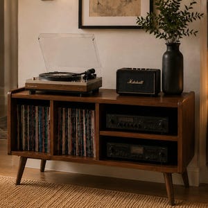 Puede incluir: Un mueble multimedia de madera de estilo moderno de mediados de siglo con dos compartimentos abiertos llenos de discos de vinilo y dos estantes adicionales con equipos de audio negros. Un tocadiscos y un altavoz negro descansan encima.