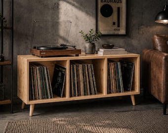 Soporte para tocadiscos de madera maciza hecho a mano, mueble para guardar discos de vinilo, organizador de LP, estante para tocadiscos, consola multimedia