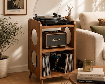 Handmade Solid Wood Record Player Stand – Compact Vinyl Storage Cabinet