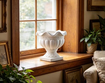 Classic Roman Urn Planter, White Pedestal Flower Pot, Outdoor Patio Decor