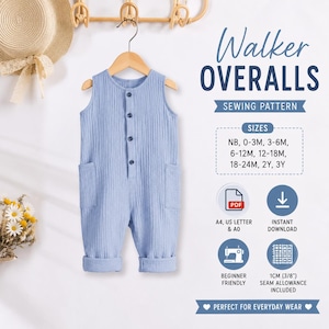 Pode incluir: Um macacão sem mangas azul-claro com textura canelada vertical, decote redondo, quatro botões frontais e dois bolsos laterais. O texto diz Walker OVERALLS SEWING PATTERN, SIZES NB, 0-3M, 3-6M, 6-12M, 12-18M, 18-24M, 2Y, 3Y, PDF, INSTANT DOWNLOAD, BEGINNER FRIENDLY, 1CM (3/8") SEAM ALLOWANCE INCLUDED.