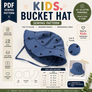 May include: A digital sewing pattern for a kids bucket hat featuring a blue fabric with a black heart print. The document includes text labels, a size chart with head circumference measurements in cm, and diagrams for cutting the top, side, and brim.