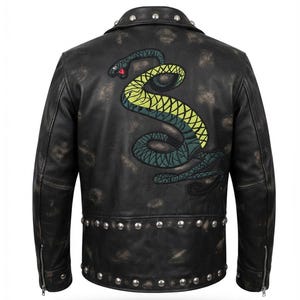 Tunnel Snakes Rule Leather Biker Jacket | Distressed Cafe Racer Snake Patch Coat