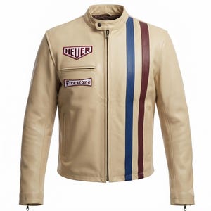 Steve McQueen Le Mans Leather Jacket | Gulf Racing Stripes Biker Coat | Heuer Firestone Patches