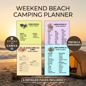 Zestaw planera weekendowego biwakowania na plaży i w lesie, planer posiłków na wycieczkę nad morze, lista zakupów, niezbędne rzeczy na kemping, szablon Canva do druku