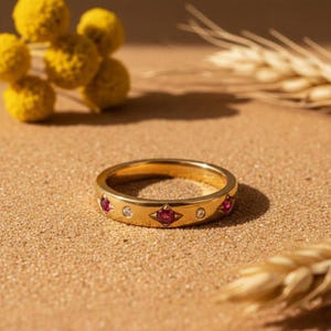 Ruby Gold Band Ring | Red Gemstone & Diamond Accent Wedding Band | Vintage Minimalist Stacking Ring | Elegant Promise Jewelry