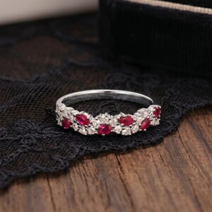 Vintage Marquise Ruby Wedding Band, 14K Rose Gold Diamond Cluster Ring, Dainty Stacking July Birthstone Anniversary Ring, Red Gemstone Band