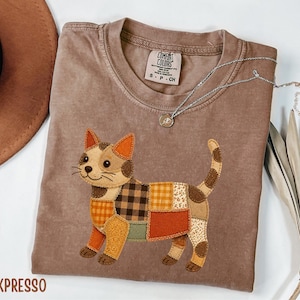 Faux Patchwork Cat Comfort Colors Tee - Whimsical Kitten with Colorful Vintage Block Sublimated Print Design and Premium Soft Comfort Feel