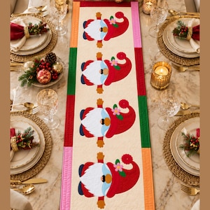 Molde em PDF para Caminho de Mesa Natalino com Papai Noel, Molde para Colcha com Apliques de Gnomo e Papai Noel, Caminho de Mesa Festivo, Molde de Costura 12x36
