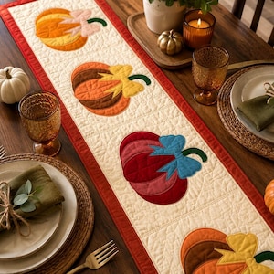 Modèle de chemin de table citrouille d'automne (PDF), motif de courtepointe d'automne, chemin de table appliqué citrouille, décoration de table pour Thanksgiving, téléchargement numérique
