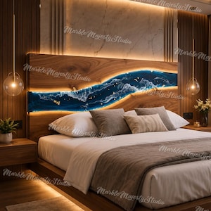 Live Edge Wood Resin Bed Frame | Ocean Wave Headboard, Floating Platform Design