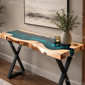 Live Edge Resin River Console Table, Blue Epoxy Entryway Table, Custom Wood Sofa Table, Modern Rustic Hallway Table, Narrow Radiator Table