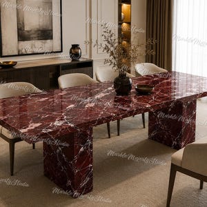 Eettafel van bordeauxrood marmer | Rechthoekige tafel met dubbele voet en Rosso Levanto-steen