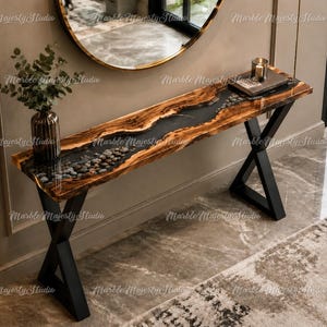 Mesa consola de madera de olivo con resina epoxi / Mesa auxiliar de entrada con borde natural / Muebles con base en X negra