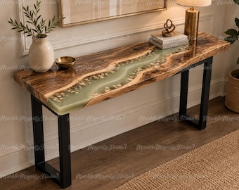 Walnut River Console Table with Stone Inlay | Epoxy Resin Entryway Table | Modern Rustic Accent Furniture  | Luxury Console Table