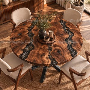 May include: A round dining table featuring a natural wood grain surface with a central black resin river inlay, supported by a black metal base. Four chairs with wooden frames and light-colored upholstered seats are positioned around the table.