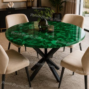Tavolo da pranzo rotondo in malachite – Mobili di lusso con intarsi in pietra preziosa a lavorazione casuale