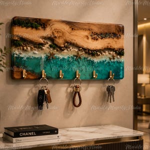 Schlüsselhalter aus Epoxidharz im Ozean-Stil | Wandregal aus Walnussholz mit natürlicher Baumkante | Organizer für den Eingangsbereich im Küstenstil