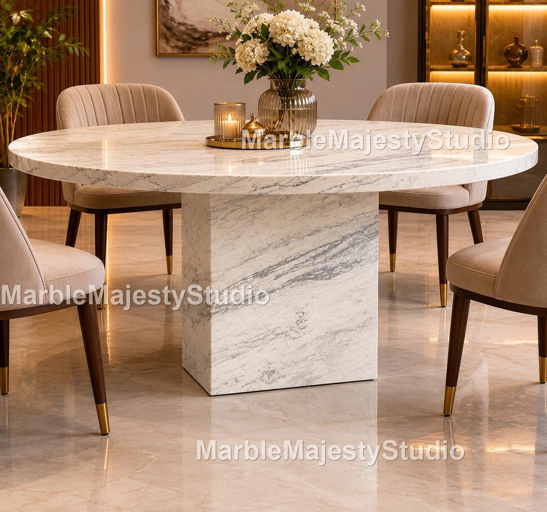 Round White Marble Dining Table | Natural Stone Pedestal, Handcrafted ...