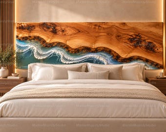 Luxury Ocean Blue Epoxy Resin Headboard, Handmade Live Edge Wood Bed Headboard, Coastal Wave Wall Art Unique Coastal Bedroom Furniture