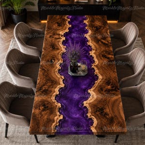 Purple Epoxy Resin Live Edge Dining Table, Modern Wood Slab Statement Furniture