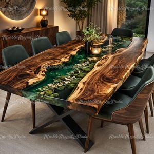 Luxury Walnut Live Edge Epoxy River Dining Table, Emerald Green Resin, Natural Stone Inlay