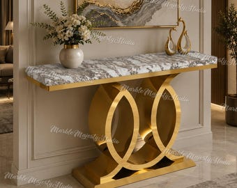Modern White Marble Console Table – Luxury Entryway Table | Natural Stone Hallway & Foyer Furniture |