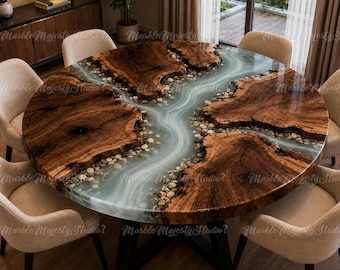 Round Walnut Wood & Blue Epoxy River Dining Table – Handmade Live Edge Resin Dining Table Luxury Round Epoxy River Table
