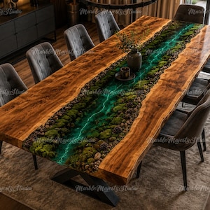 May include: A large rectangular dining table featuring a live edge wood slab surface with a central river design filled with green moss, small stones, and a glowing turquoise resin inlay, supported by a dark metal base with eight gray chairs.