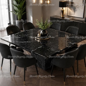 Handmade Nero Marquina Black Marble Dining Table, Modern Rectangular Pedestal Furniture