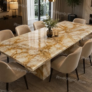 Può includere: Un tavolo da pranzo rettangolare con un piano in marmo bianco e oro lucido e una base a piedistallo in marmo abbinata, circondato da otto sedie imbottite color beige con gambe in legno scuro, con un vaso di vetro e piante sopra.