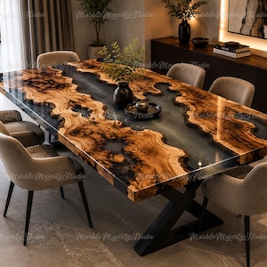 May include: A rectangular dining table featuring a live edge wood slab with a dark, semi-transparent resin river running through the centre. The table is supported by a black metal X-shaped base and is surrounded by six upholstered chairs.