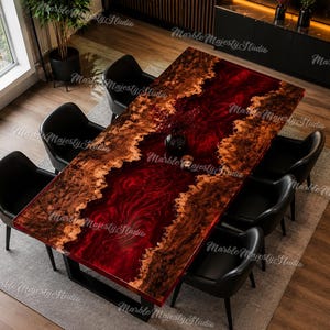 Tavolo da pranzo River in radica di legno naturale con bordo naturale e resina epossidica / Mobile di design in noce rosso rubino intenso