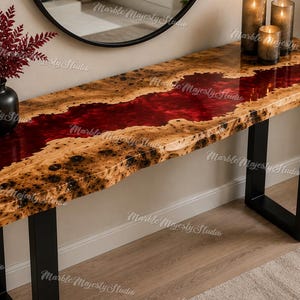 Live Edge Burl Wood River Console Table | Deep Red Resin Entryway Hallway Sofa Furniture