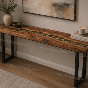 Live Edge River Stone Console Table | Rustic Modern Wood Entryway Furniture