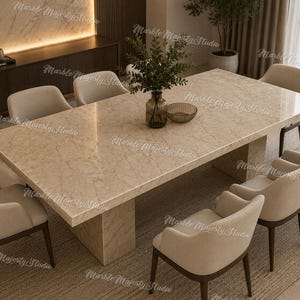 Crèmebeige marmeren eettafel | Rechthoekige eettafel met dubbele voet van natuursteen
