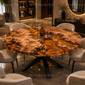 Op de afbeelding: Een ronde eettafel met een natuurlijk wortelhouten blad met een inleg van doorschijnende amberkleurige hars, ondersteund door een zwart metalen onderstel. De tafel is omringd door vijf beige gestoffeerde stoelen met doorgestikte rugleuningen.