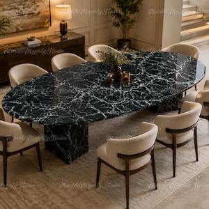 Black Marble Oval Dining Table, Modern Luxury Stone Furniture, Custom Kitchen Table