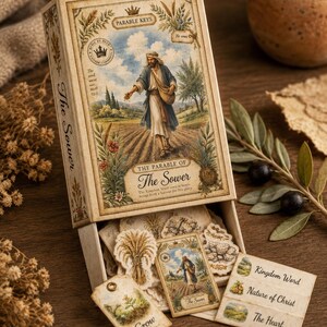 May include: A rectangular cardboard box titled Parable Keys The Sower containing illustrated paper cards. The box features a depiction of a person sowing seeds in a field. Inside are various die-cut cards with images of wheat, plants, and text labels.