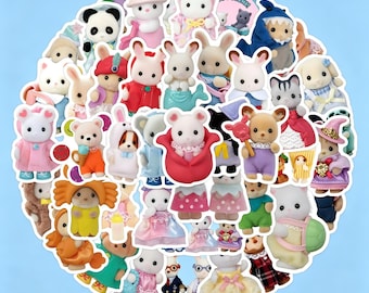 60 pegatinas de dibujos animados de Calico Critters, bonitas calcomanías de animales con estampado de tela para diarios, artículos de papelería y botellas de agua.
