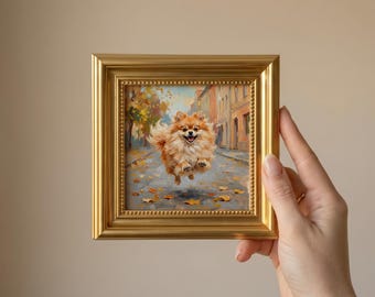 Custom Pet Portrait, Pomeranian Oil Painting in Vintage Gold Frame, Fluffy Dog Canvas Wall Art, Mini Painting, Autumn Dog Mom Gift Ideas
